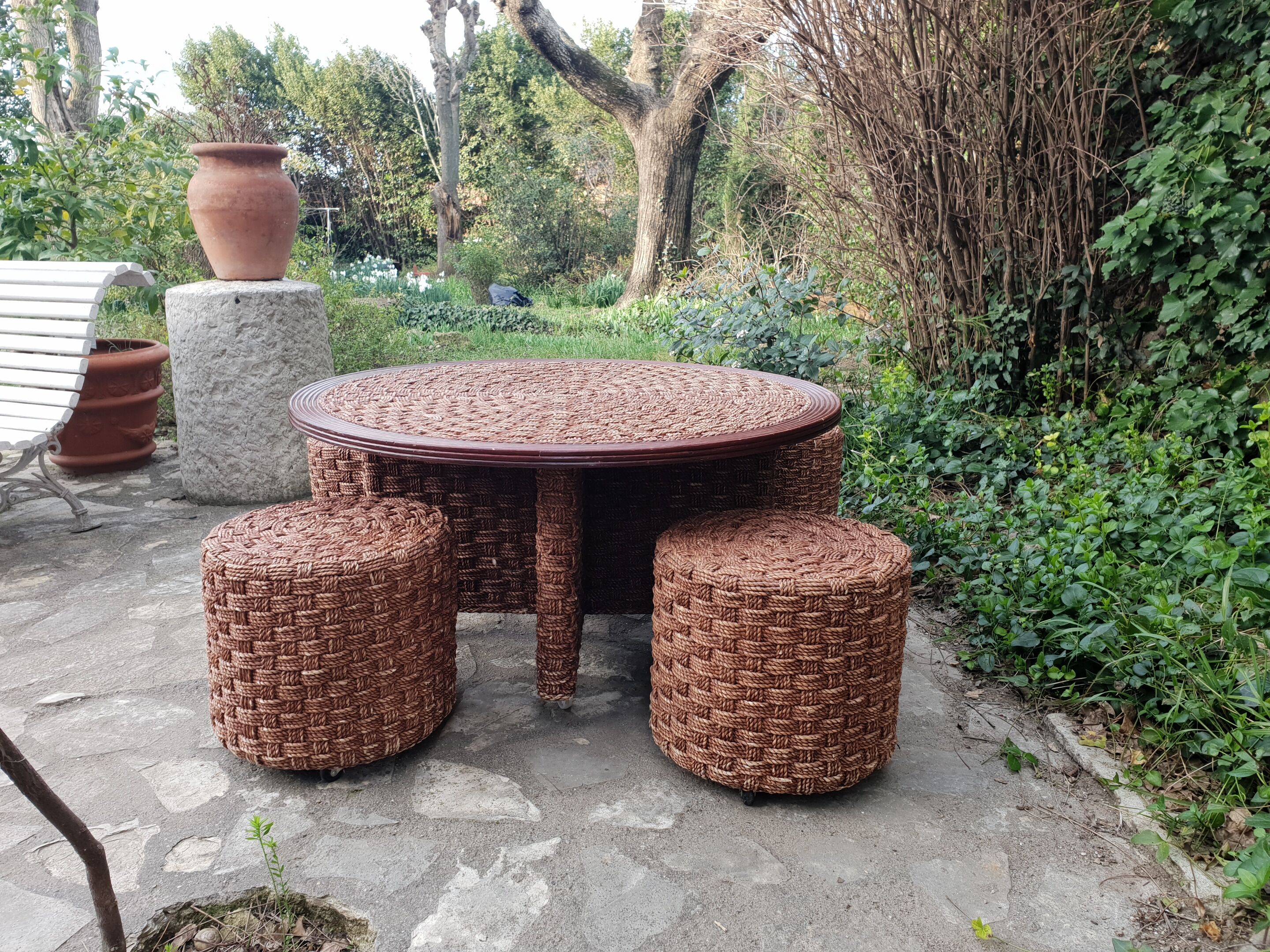 Vintage rope coffee table and stools