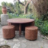 Table basse et tabourets en corde vintage