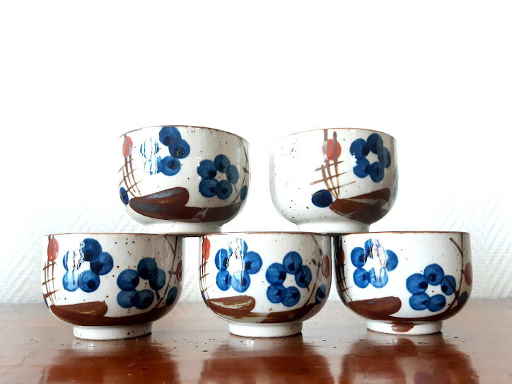 Stoneware tea set with currants, vintage Japan