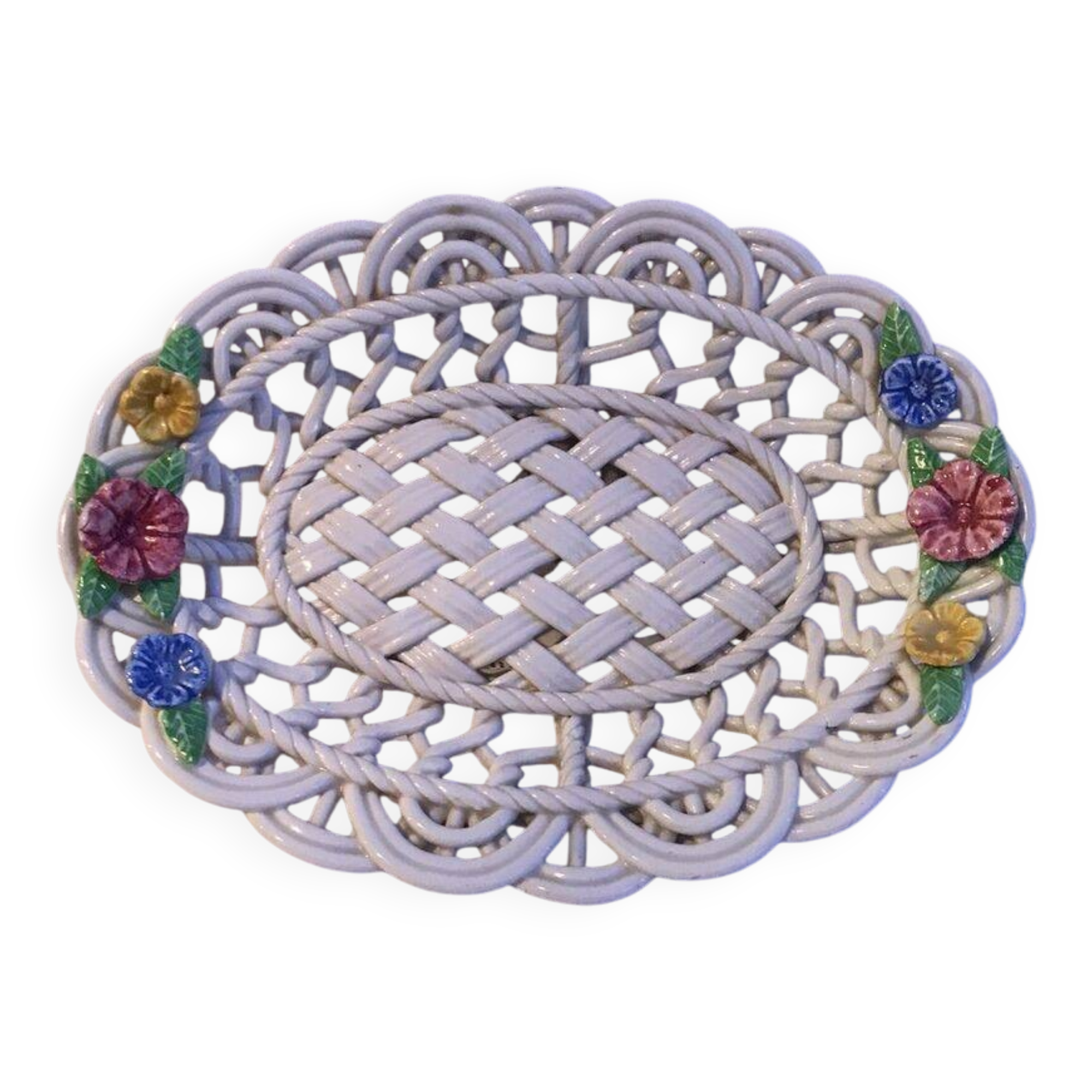 Old Oval Plate Cut-Out Ceramic Flower Relief Decor Italy Wine