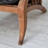 1950s, vintage adjustable armchair, black leather, ash wood.