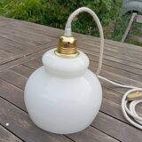 White opaline pendant lamp, linen cord