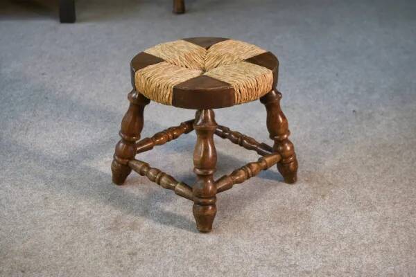 Brutalist stool in beech and rush 1960s