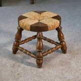 Brutalist stool in beech and rush 1960s