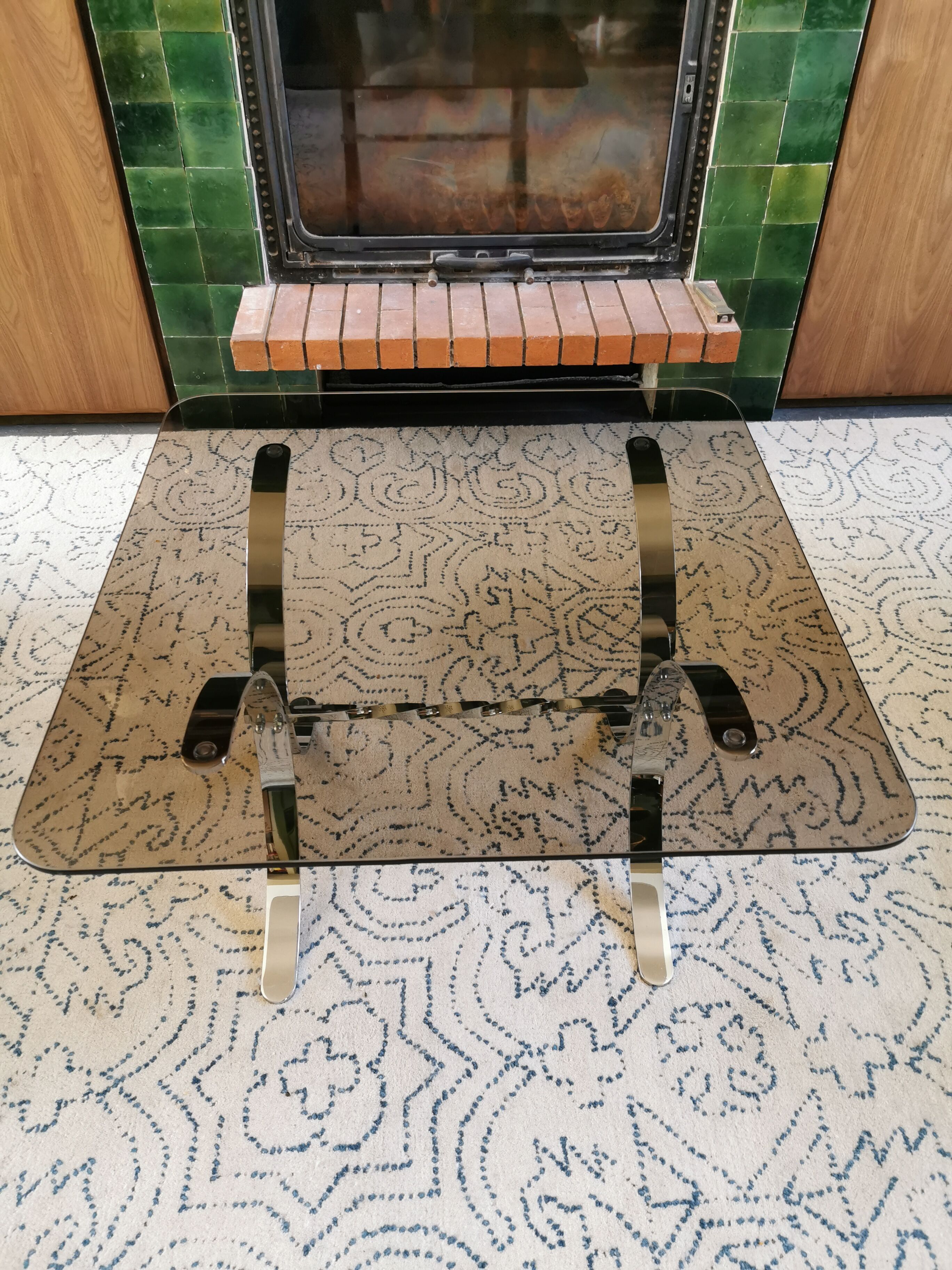 Vintage coffee table 70s in chrome metal and tinted glass