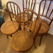 Set of 4 vintage Fischel bistro chairs in curved wood and cane