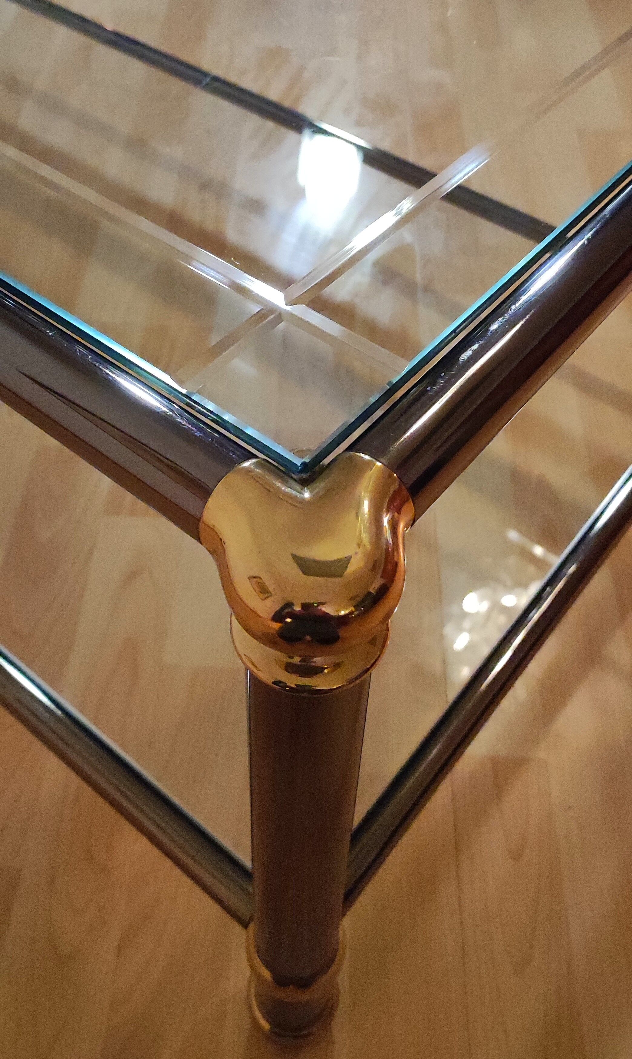 Hollywood regency gold metal & smoked silver coffee table, cut glass