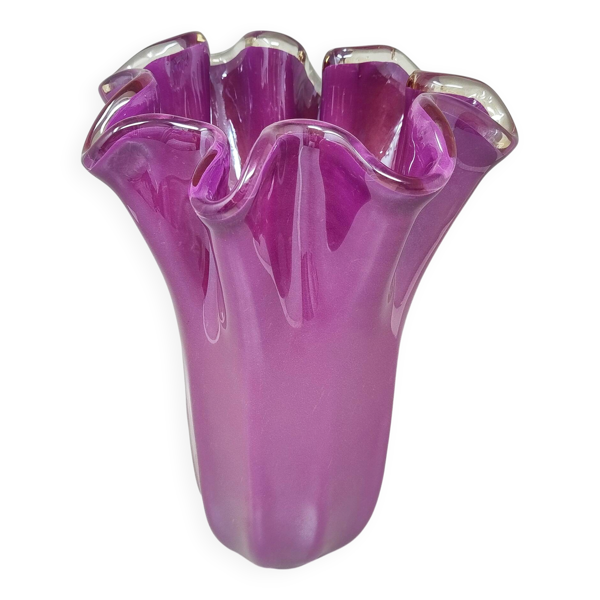 Vase en verre Murano Fazzoletto magenta-rose Michielotto des années 1970.