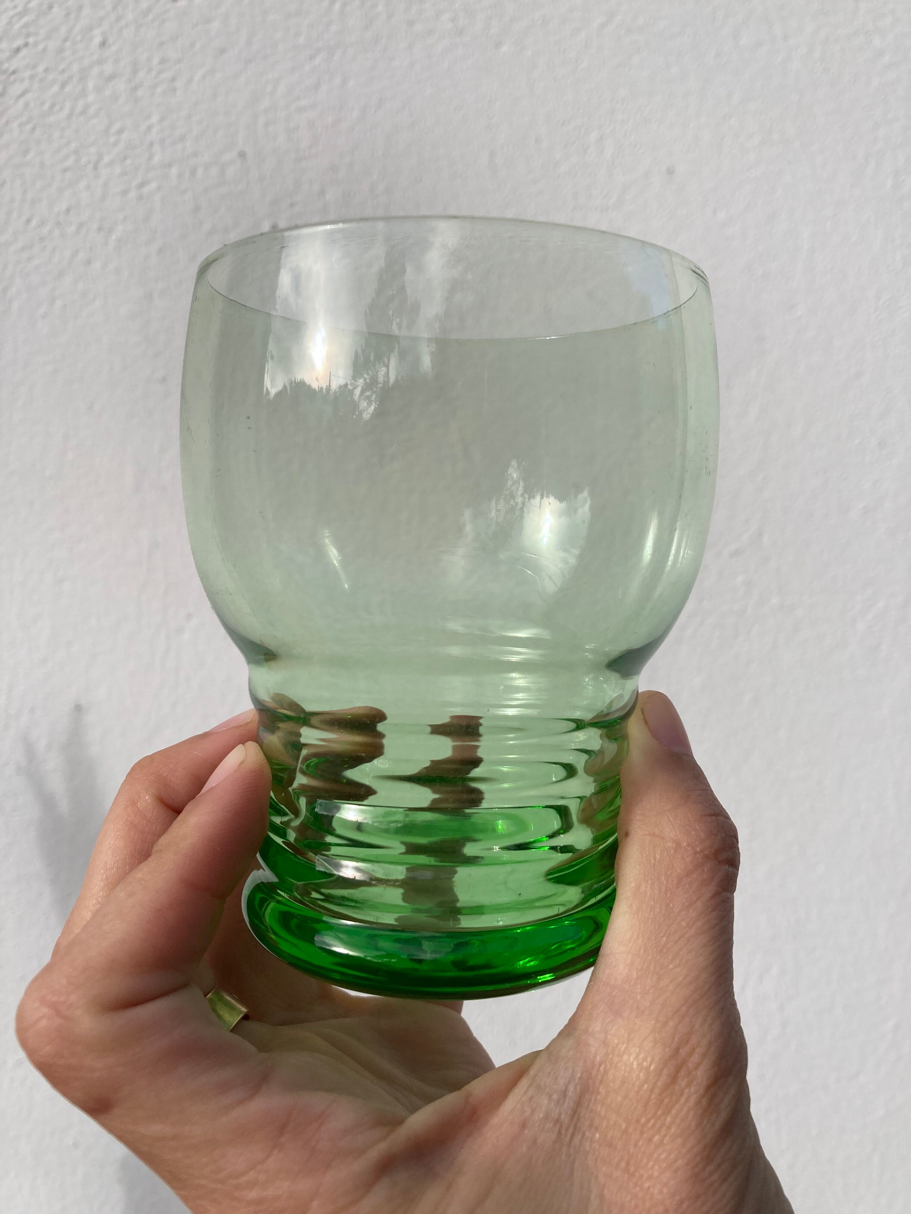 5 vintage green blown glass water glasses