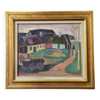Peinture à l'huile de paysage vintage suédoise  « Village en couleur », encadrée