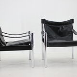 Chaise safari en cuir noir et chrome des années 1970 par johanson design, markaryd