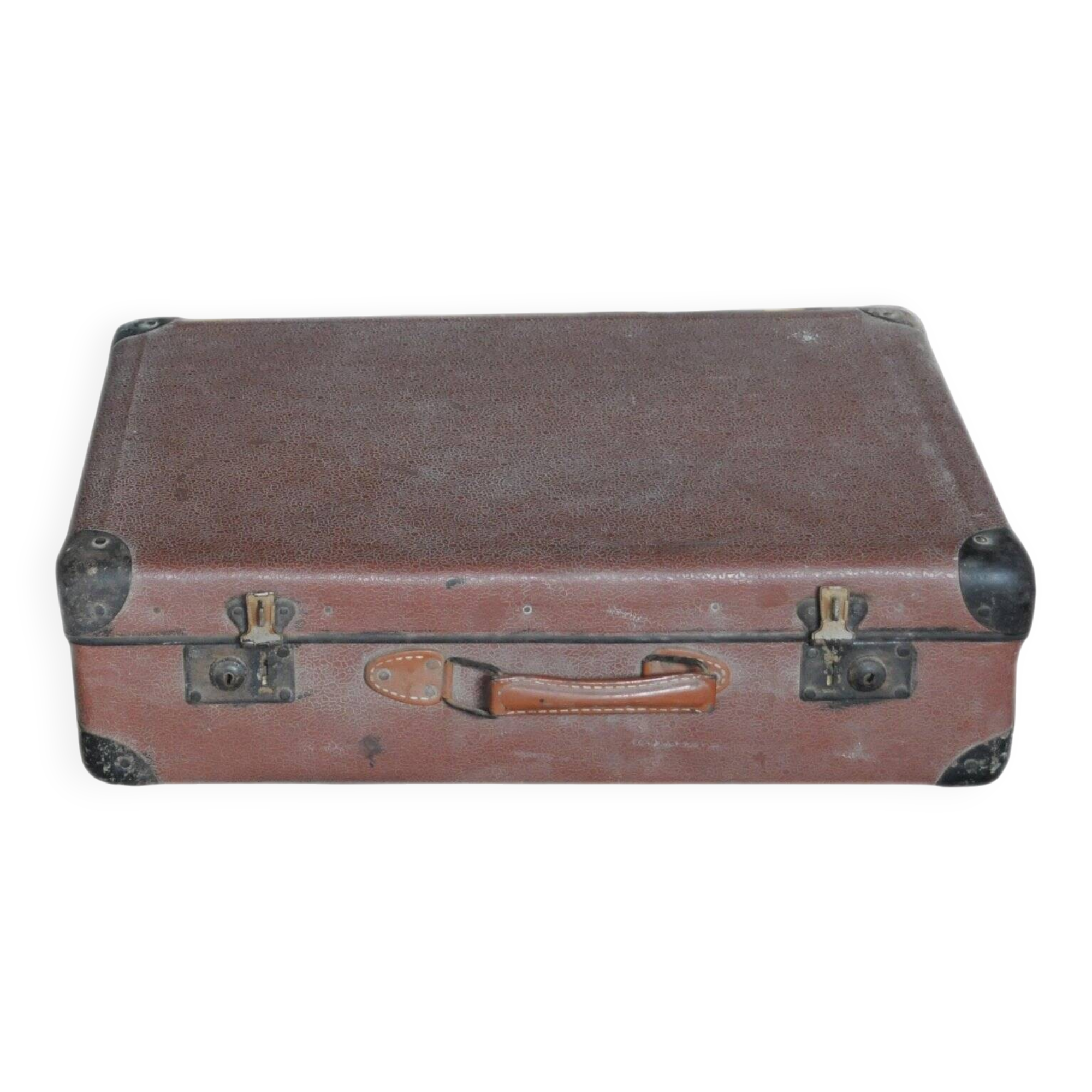 Vintage brown and black leather and metal suitcase - 1930s-1940s Czech Republic