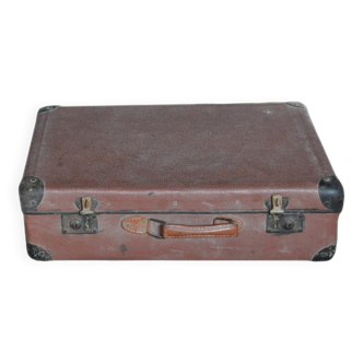 Vintage brown and black leather and metal suitcase - 1930s-1940s Czech Republic