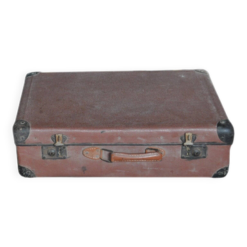 Valise vintage marron et noire en cuir et métal - années 1930-1940 République tchèque