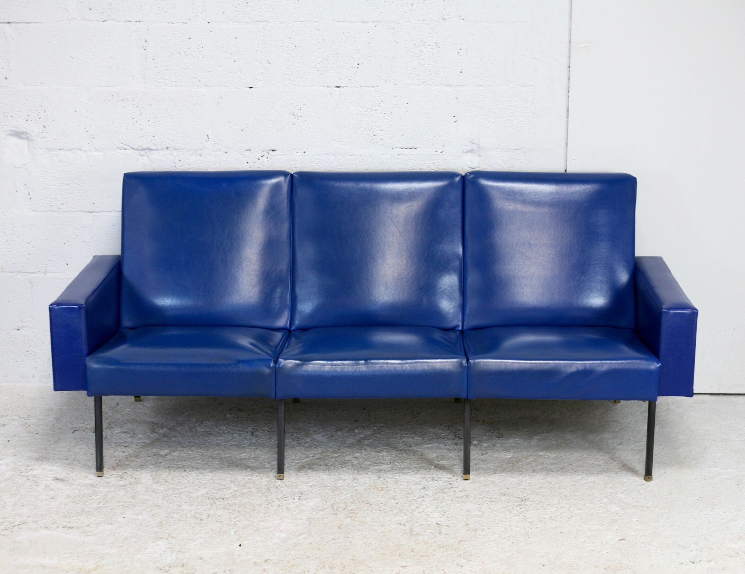 Sofa imitation leather blue and steel, 3 seats, France, circa 1960