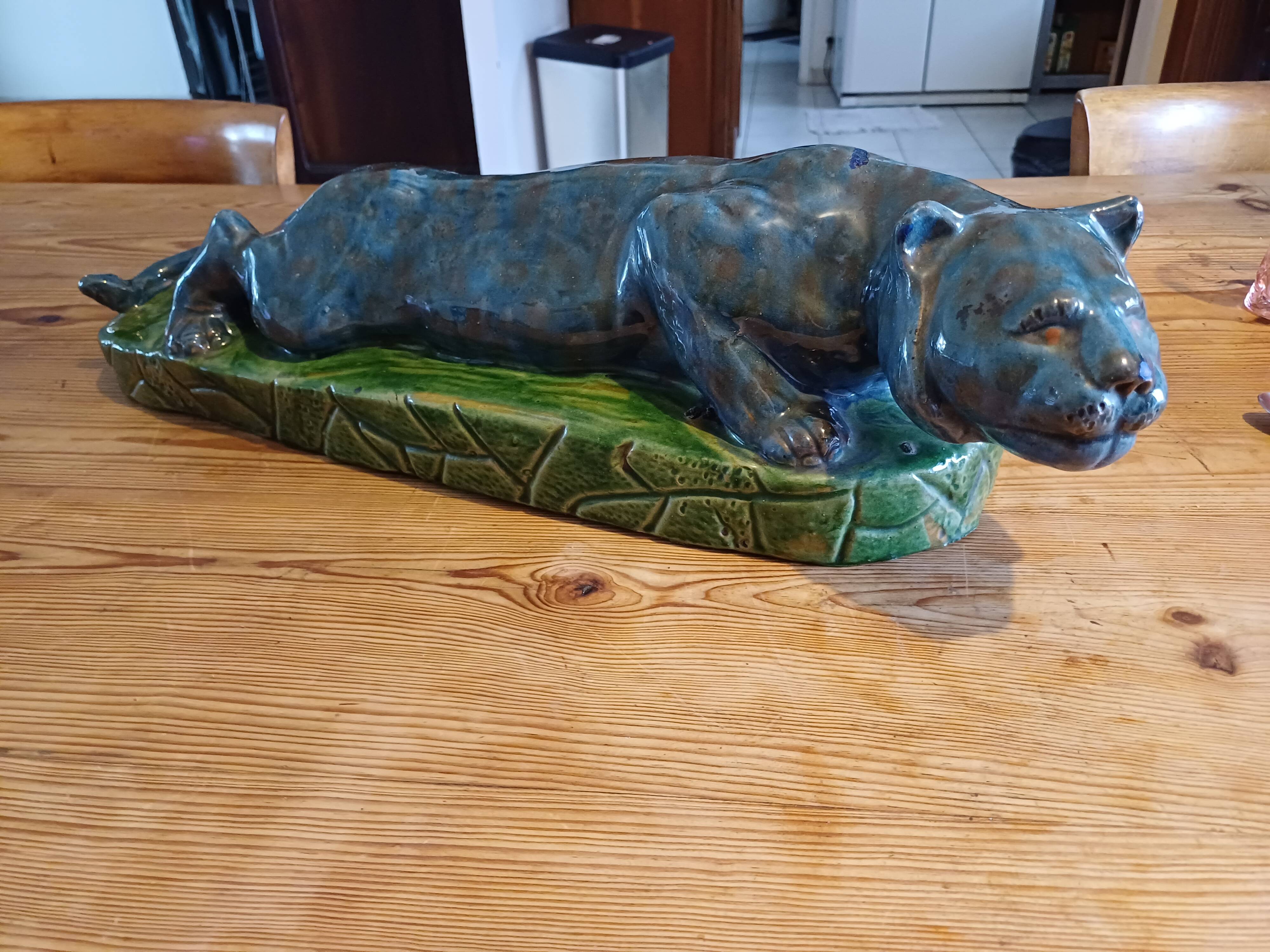 Blue and green Panther glazed ceramic