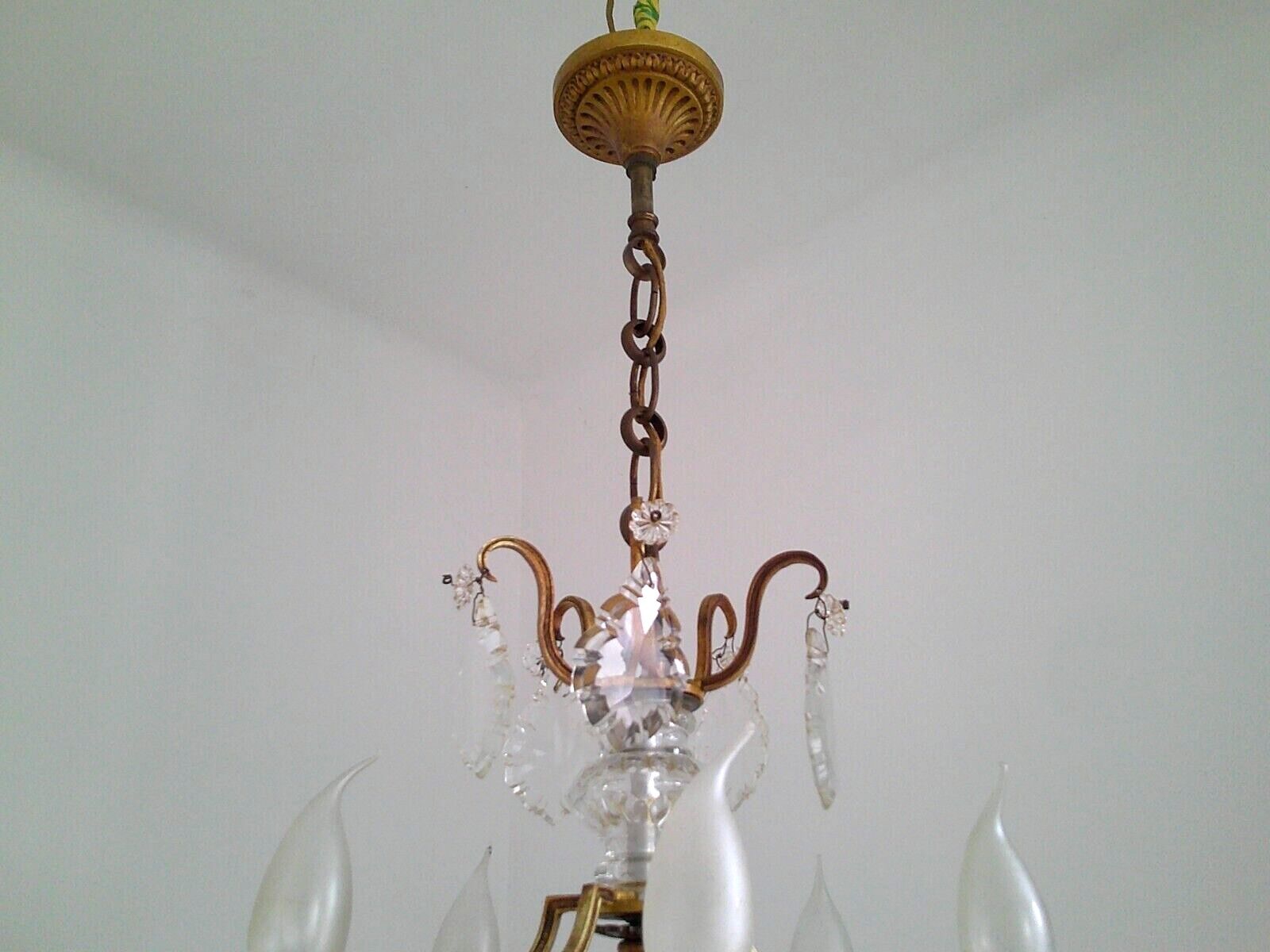 French antique bronze glass & crystal 5 light cage chandelier 4032