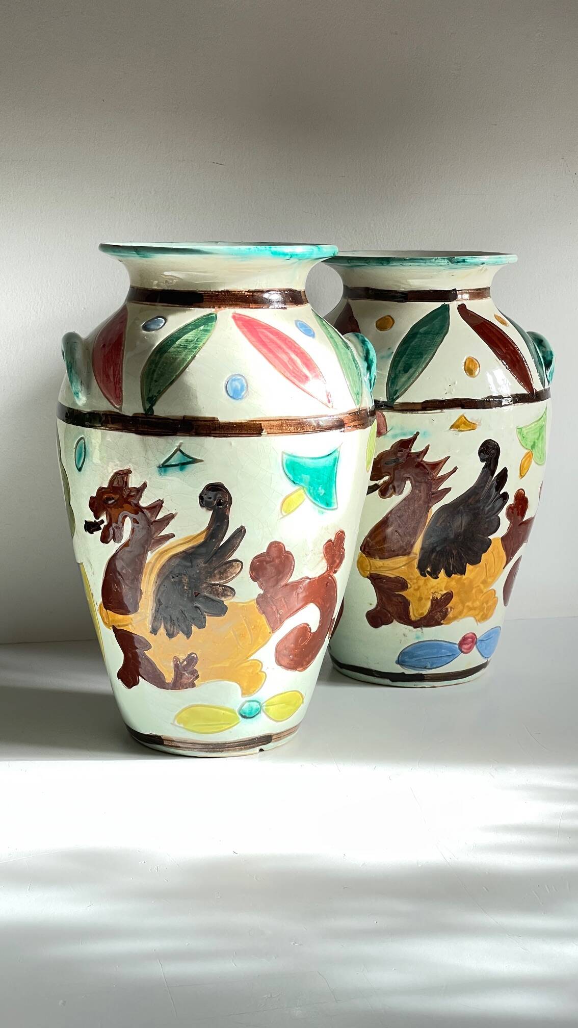 Italian Majolica Vases with Dragon Motif