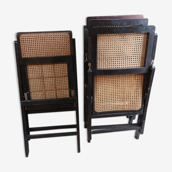 Lot de 4 chaises pliantes en rotin et bois vintage des années 1970