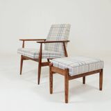 Fauteuil vintage et repose-pieds tartan beige bleu modern design