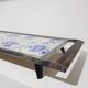 Heating plate, blue and white ceramic, brown rosewood, black metal, Germany, 1970s.