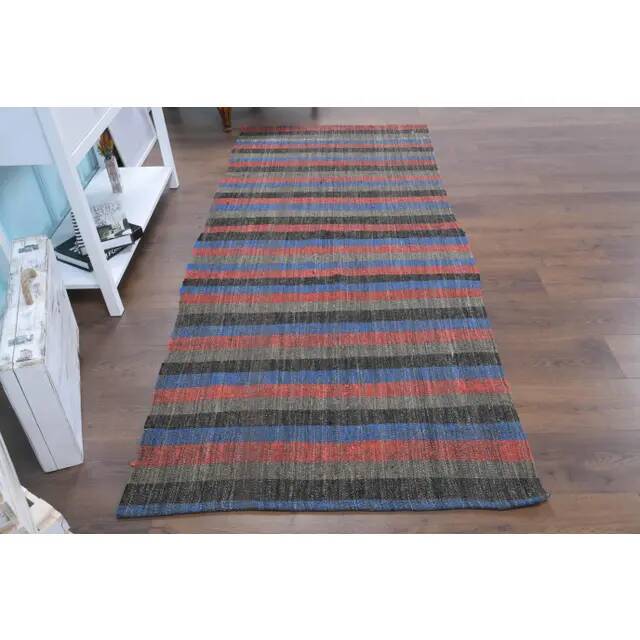 Vintage Turkish Hand-Knotted Wool Cotton Red Kilim Runner Rug 107x241