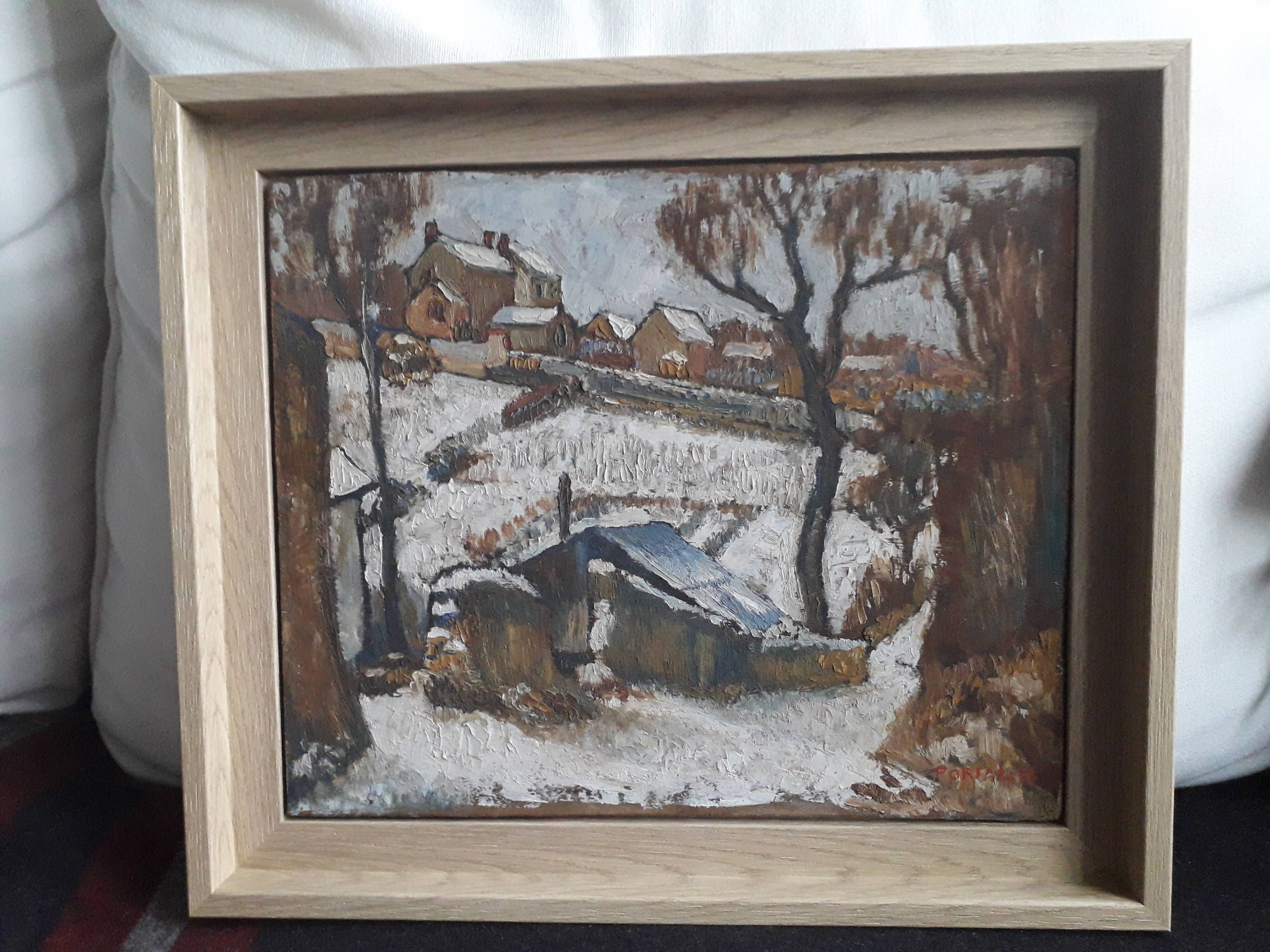 Old oil painting representing a winter landscape