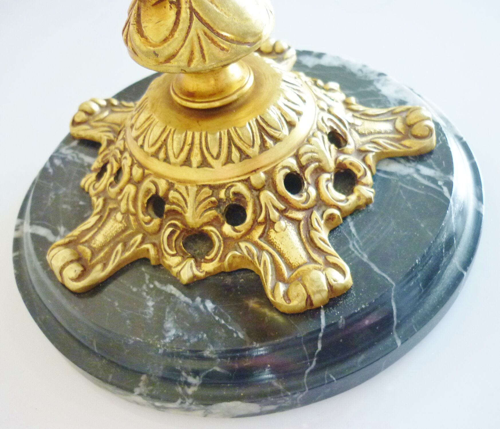 Candelabra, 6-pointed candlestick, marble, bronze, putti decoration, putto