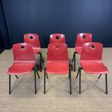 Set of 6 S30 Galvanitas chairs in raspberry red and grey from the 70s