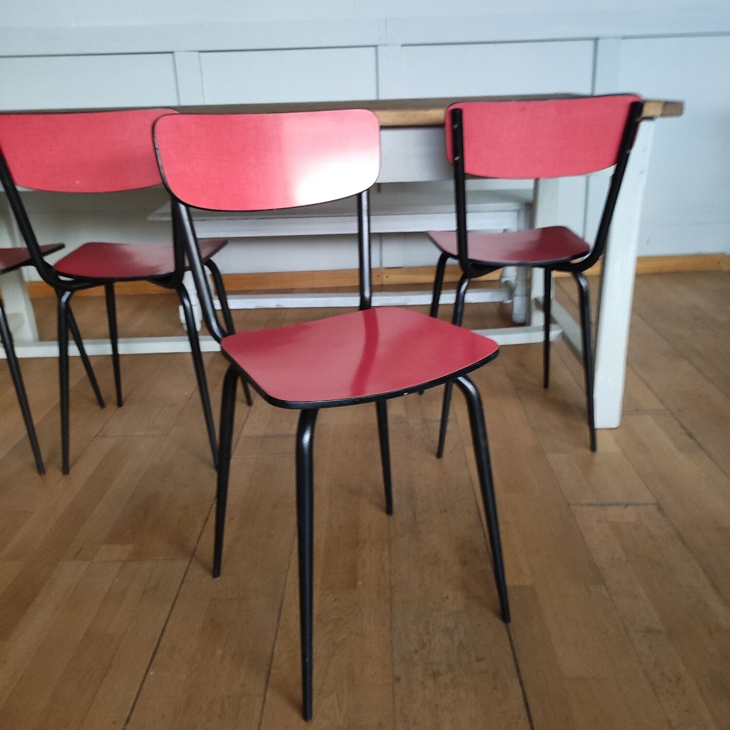 4 restored red formica chairs with black legs