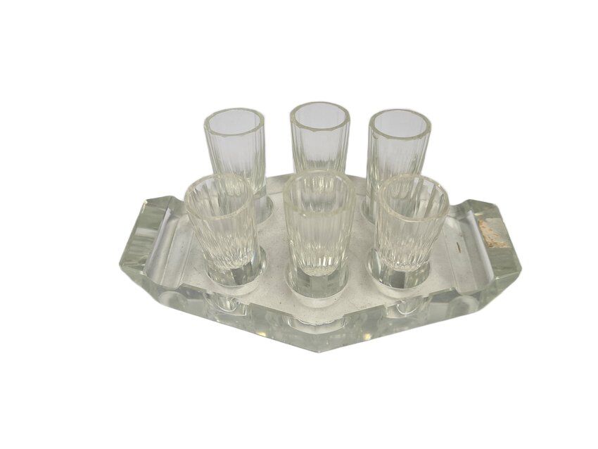 Art Deco vodka shot glasses from Hortensja Glassworks, Poland, 1950s, set of 7