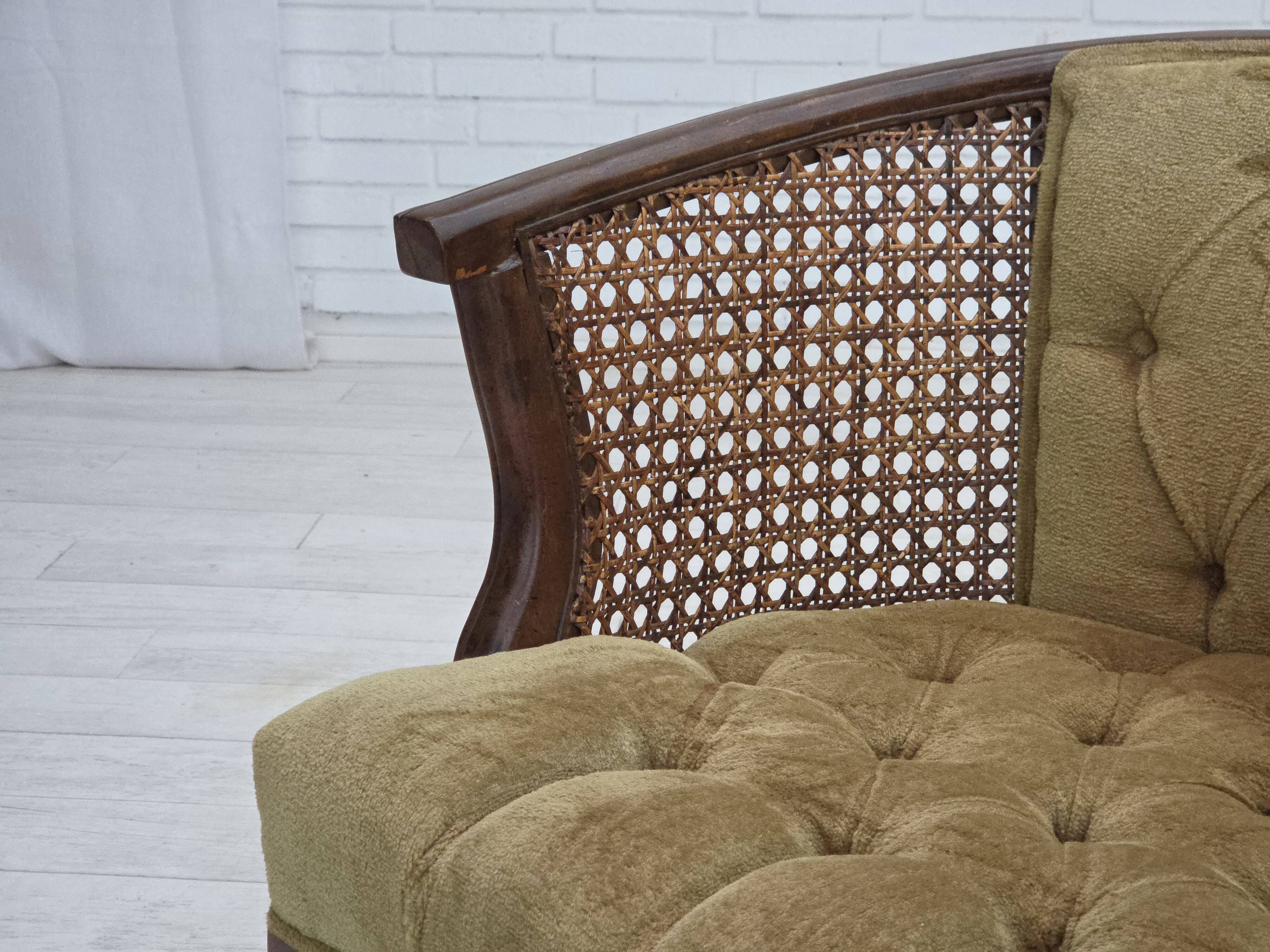 1950s, Danish easy chair, furniture velour, furniture mesh, oak wood.