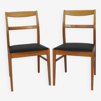 Pair of vintage teak chairs, black imitation leather seat, 1960s suede