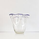 Blue-edged blown glass handkerchief vase