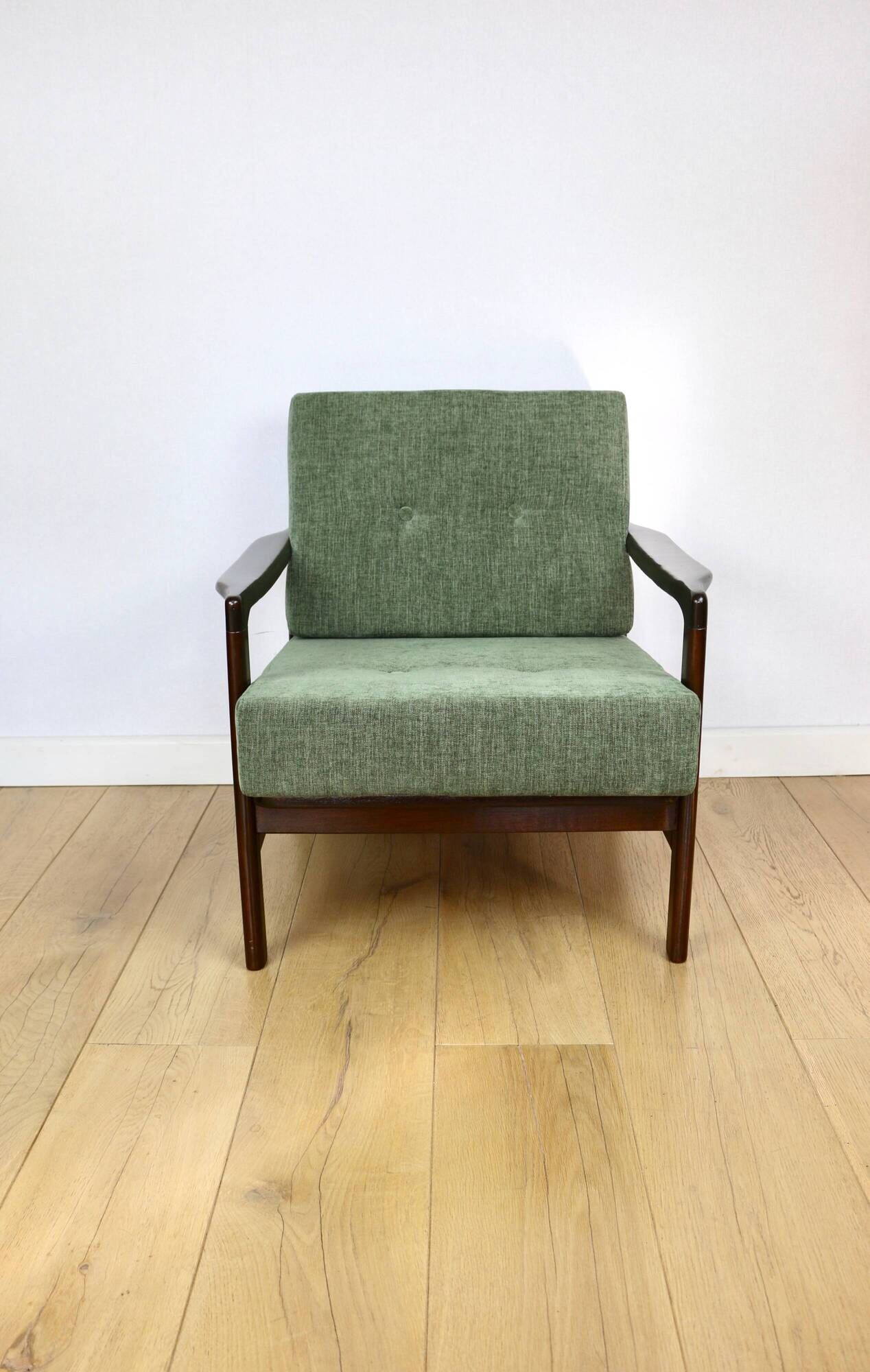 Vintage brown wooden armchair green-olive jeans design by Z. Bączyk - 2 pieces available