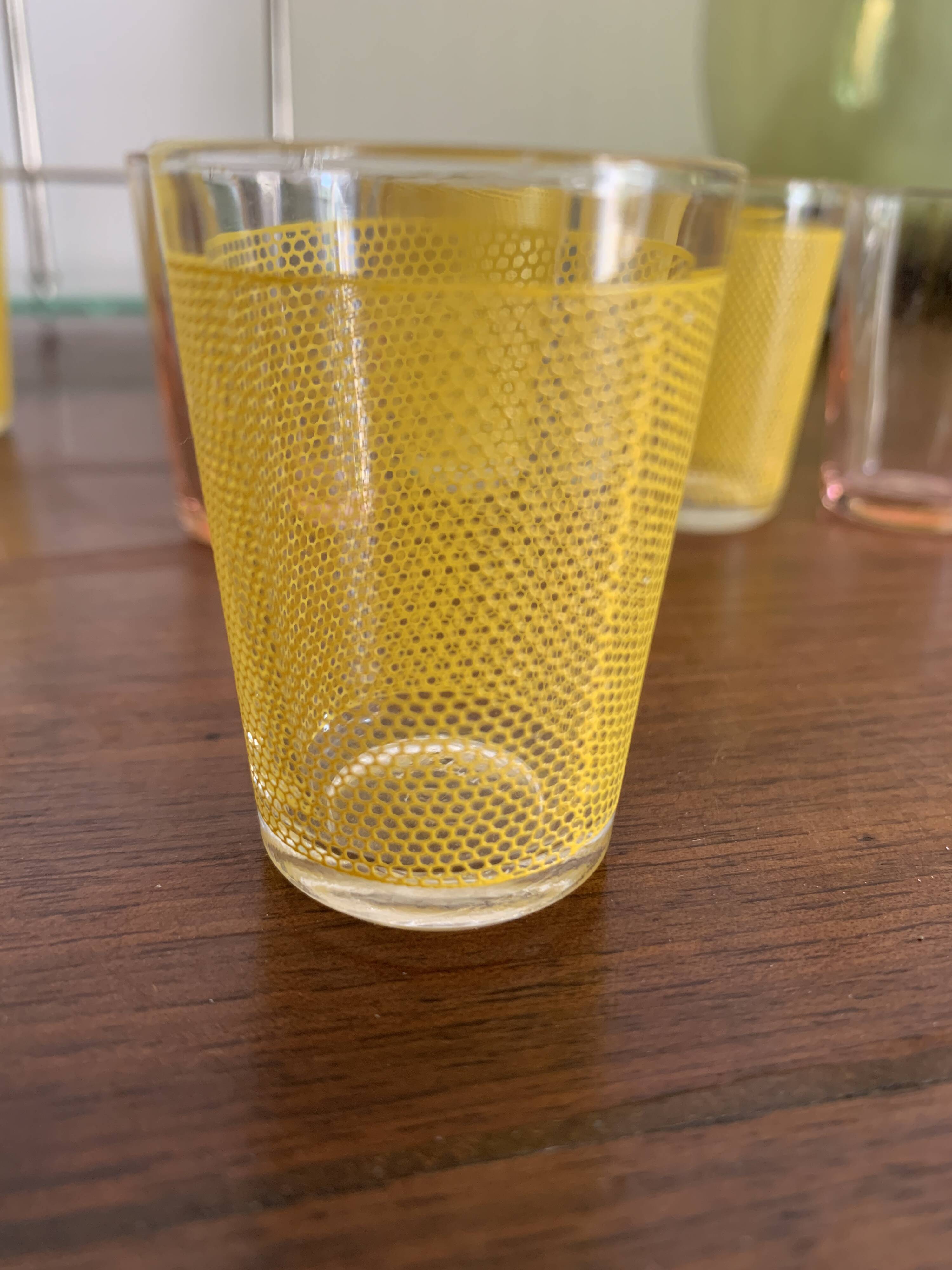 set of six digestive glasses with glass and metal tray