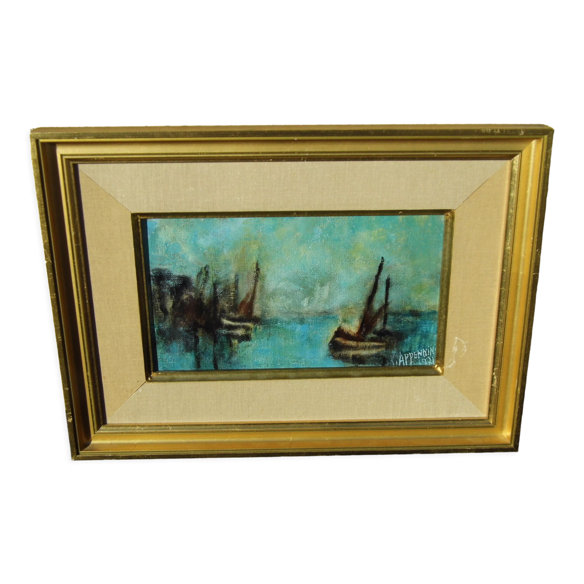 Marine painting oil on canvas old sign yvonne appennini 1971 voiliers tbe