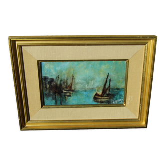 Tableau marine huile sur toile  ancien signe yvonne appennini 1971 voiliers  tbe