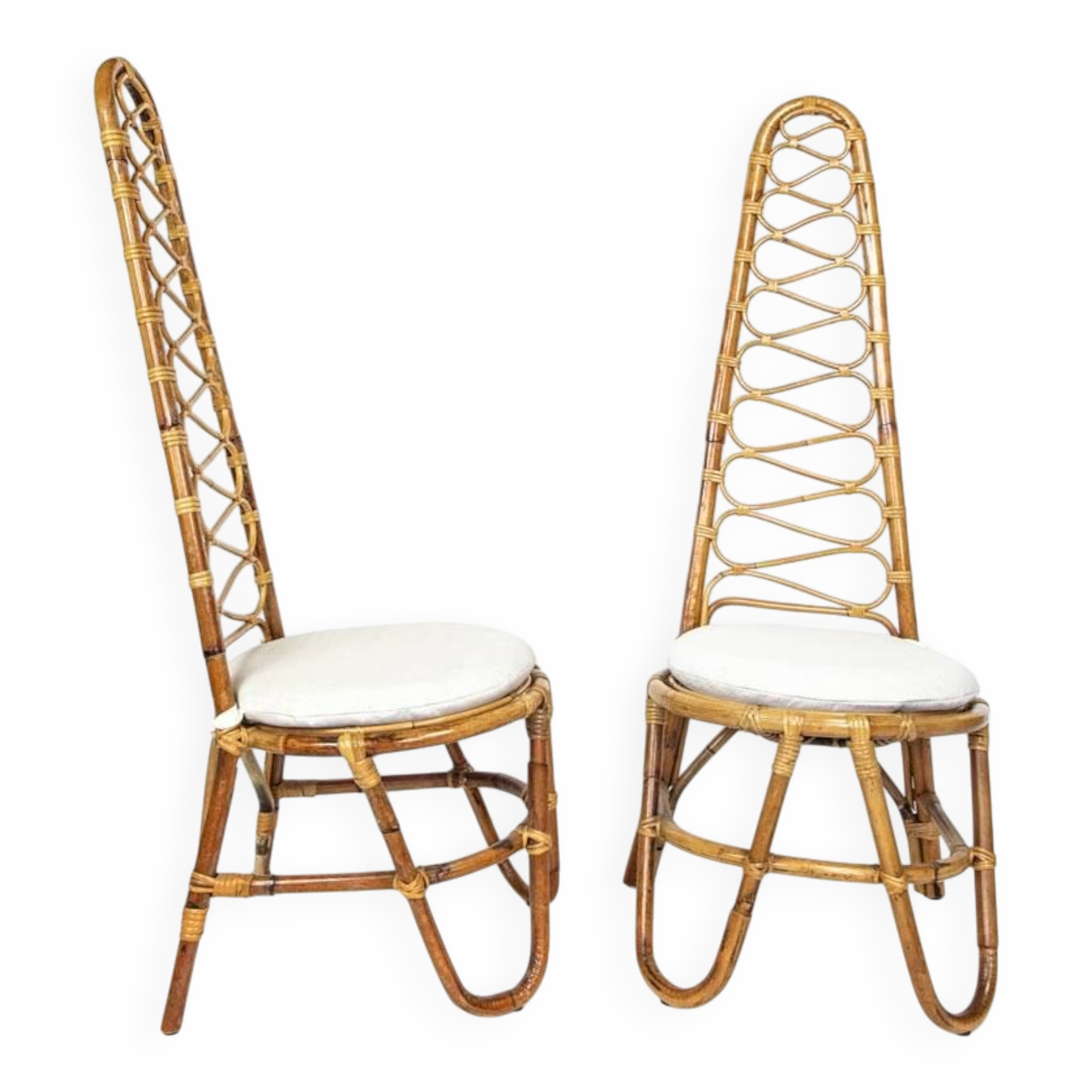 Chaises haut dossier en bambou et table, France 1960s