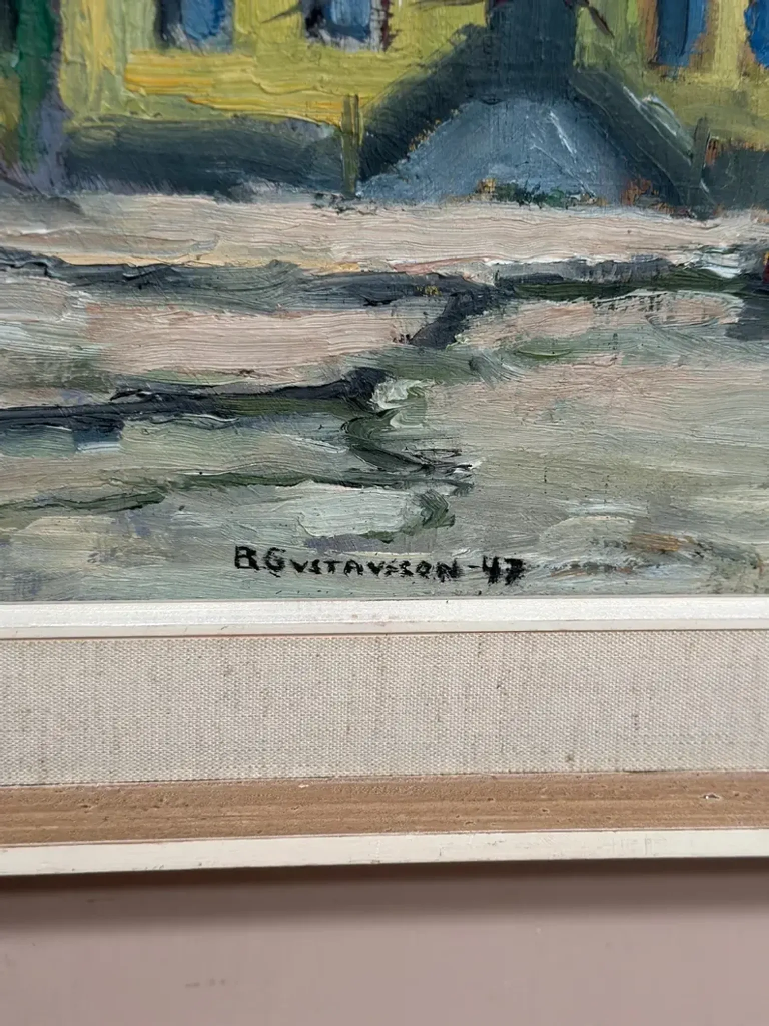 Original Swedish Oil on Panel – “Urban Landscape” by B. Gustavson – Signed – Dated 1947 – Vintage & Framed