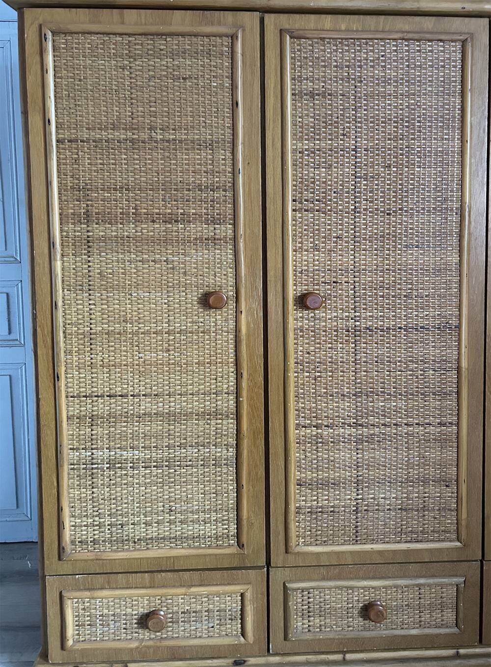 Vintage wardrobe, bamboo and rattan, Maugrion for Roche Bobois, 1980s