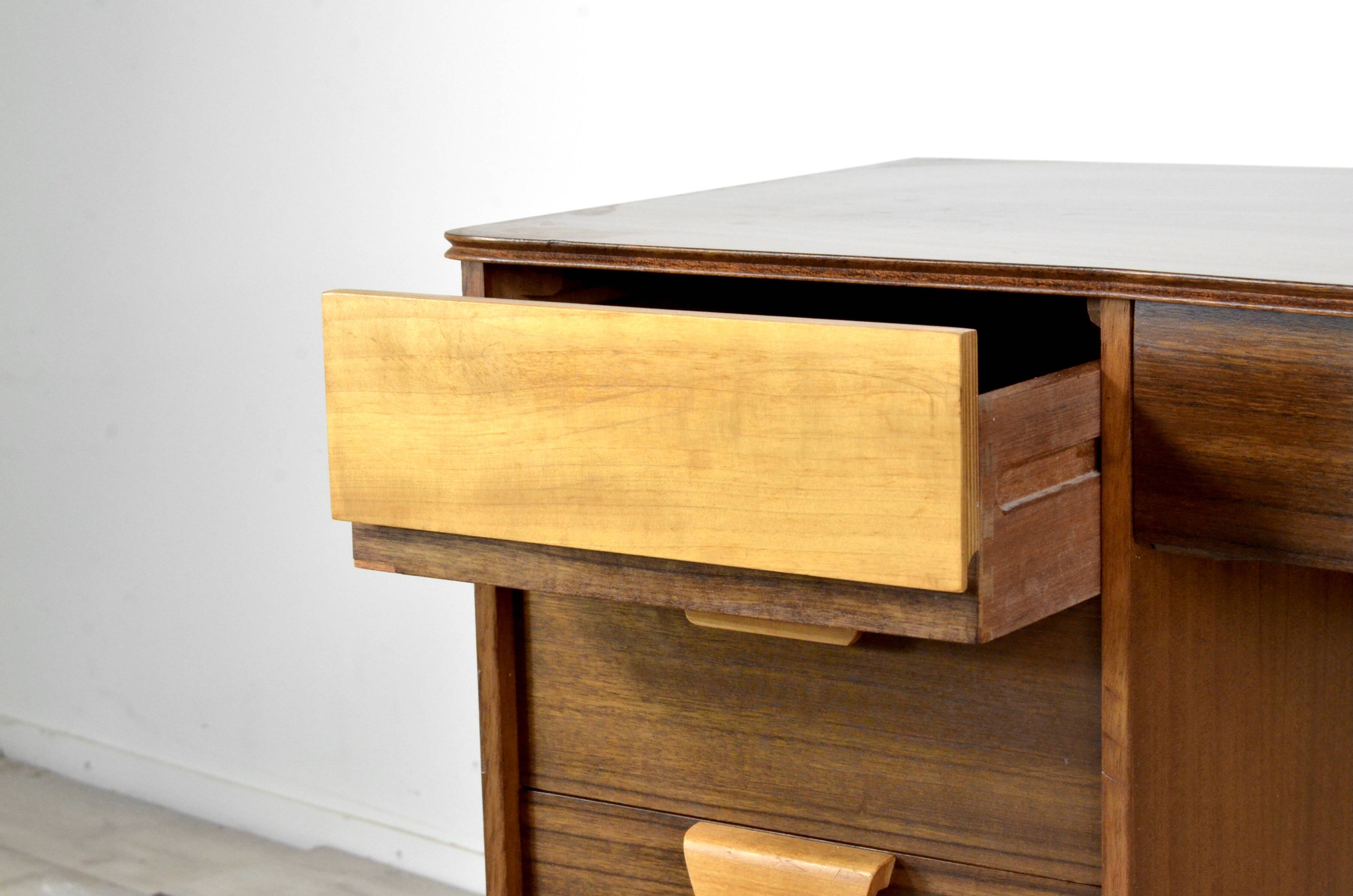 Midcentury Uniflex Walnut And Beech Concave Desk Designed By Gunther