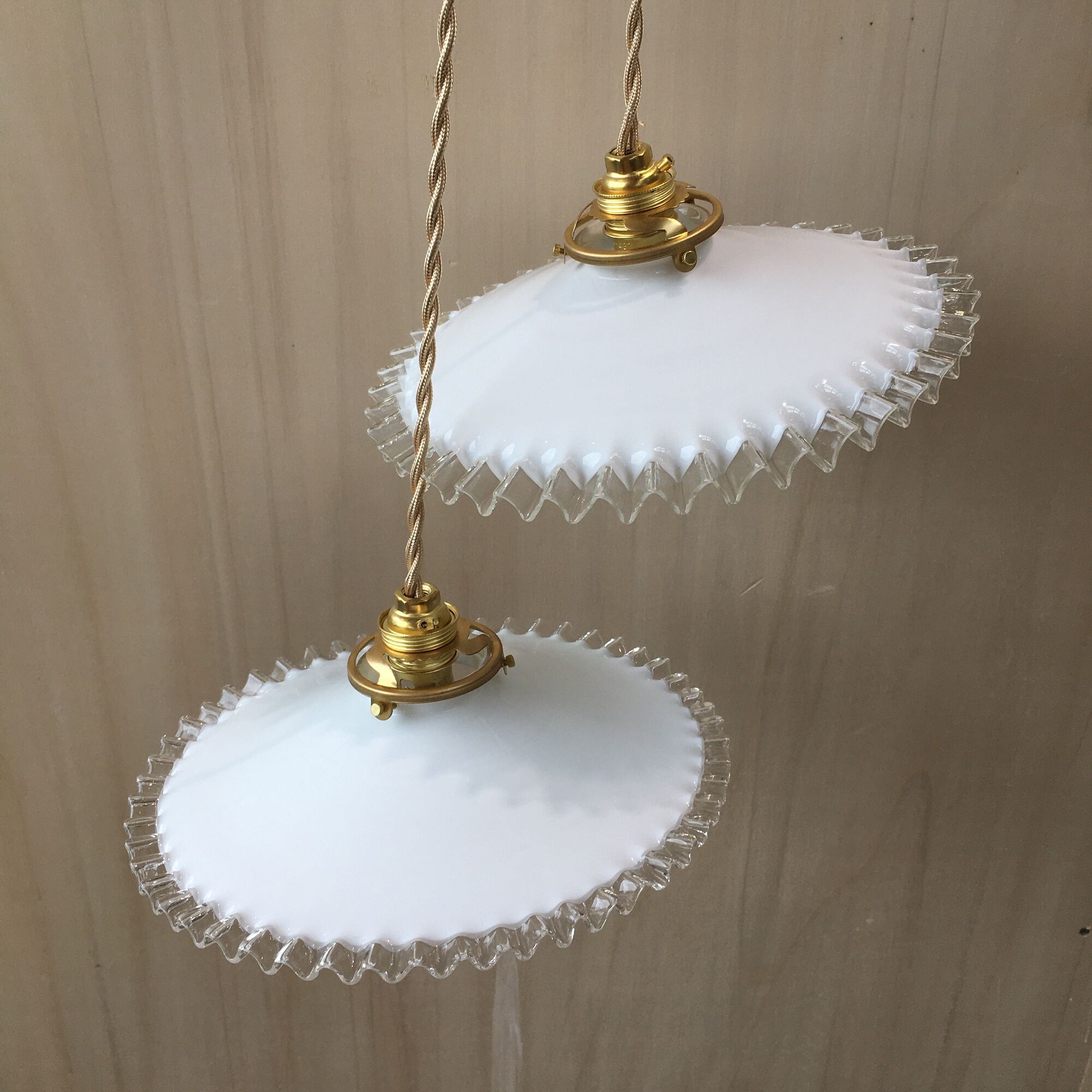 Pair of vintage white opaline pendant lamps and transparent serrated edges