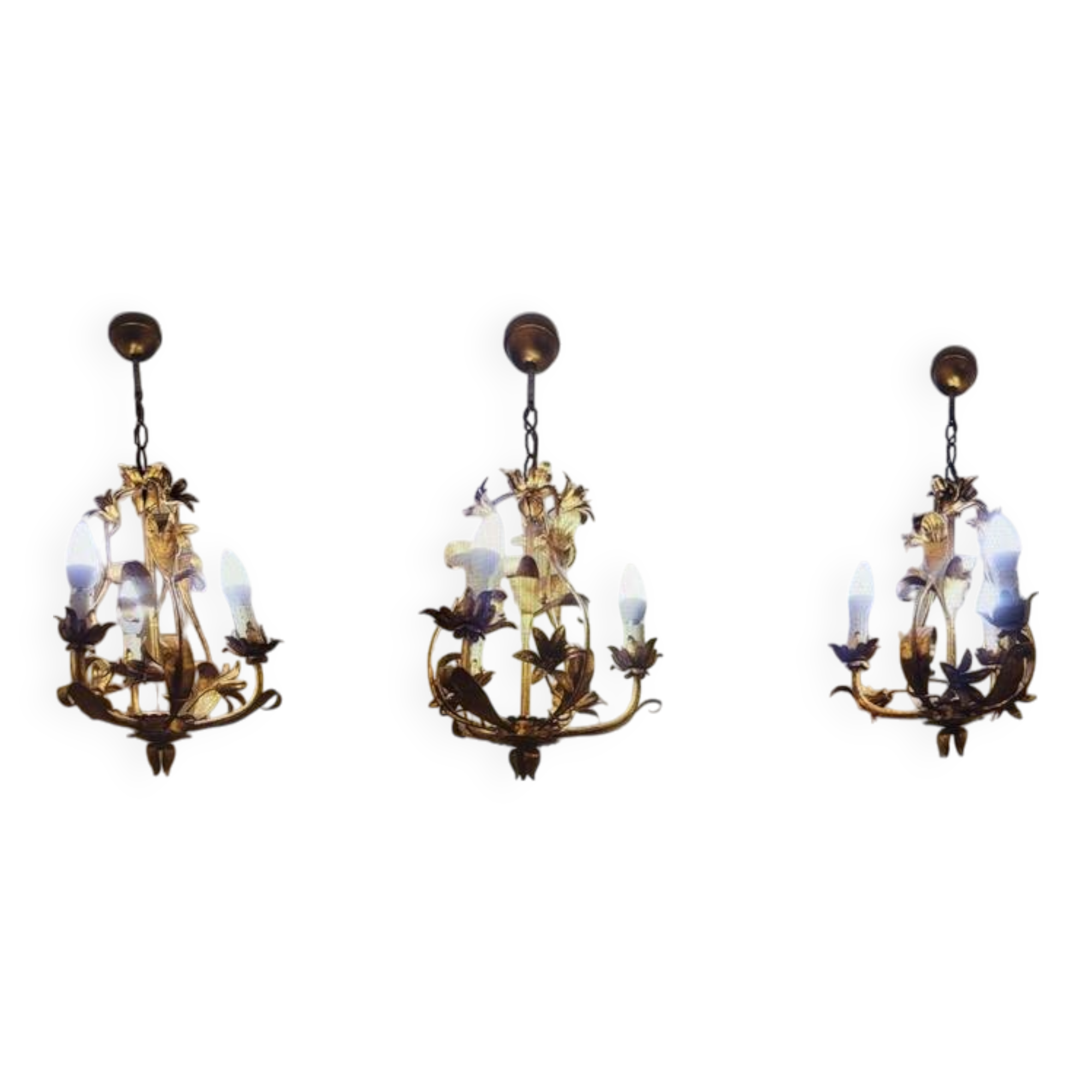 Set of 3 gold painted metal chandeliers
