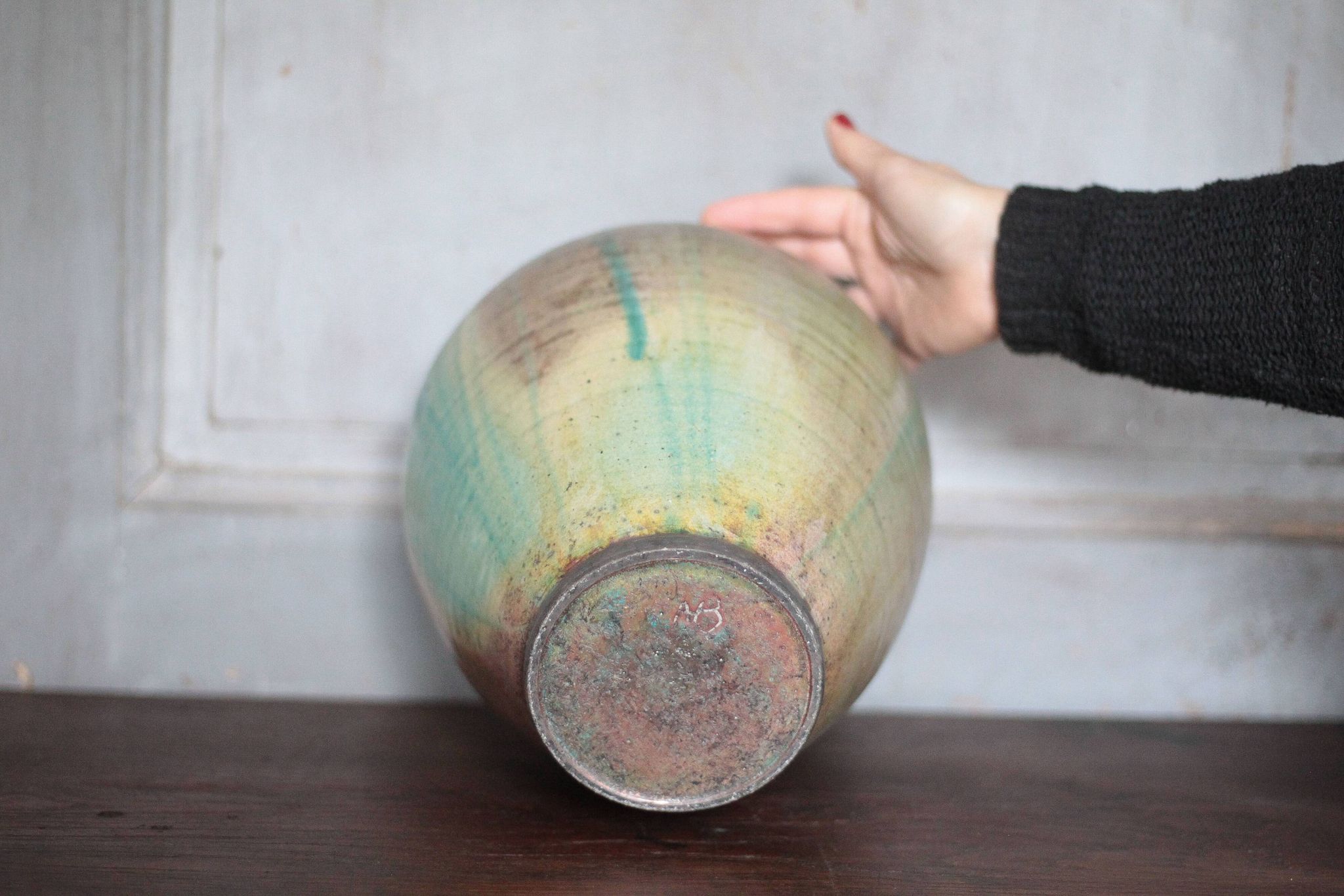 Glazed green ceramic vase signed AB, pottery, flower pot, vase.