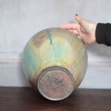 Glazed green ceramic vase signed AB, pottery, flower pot, vase.