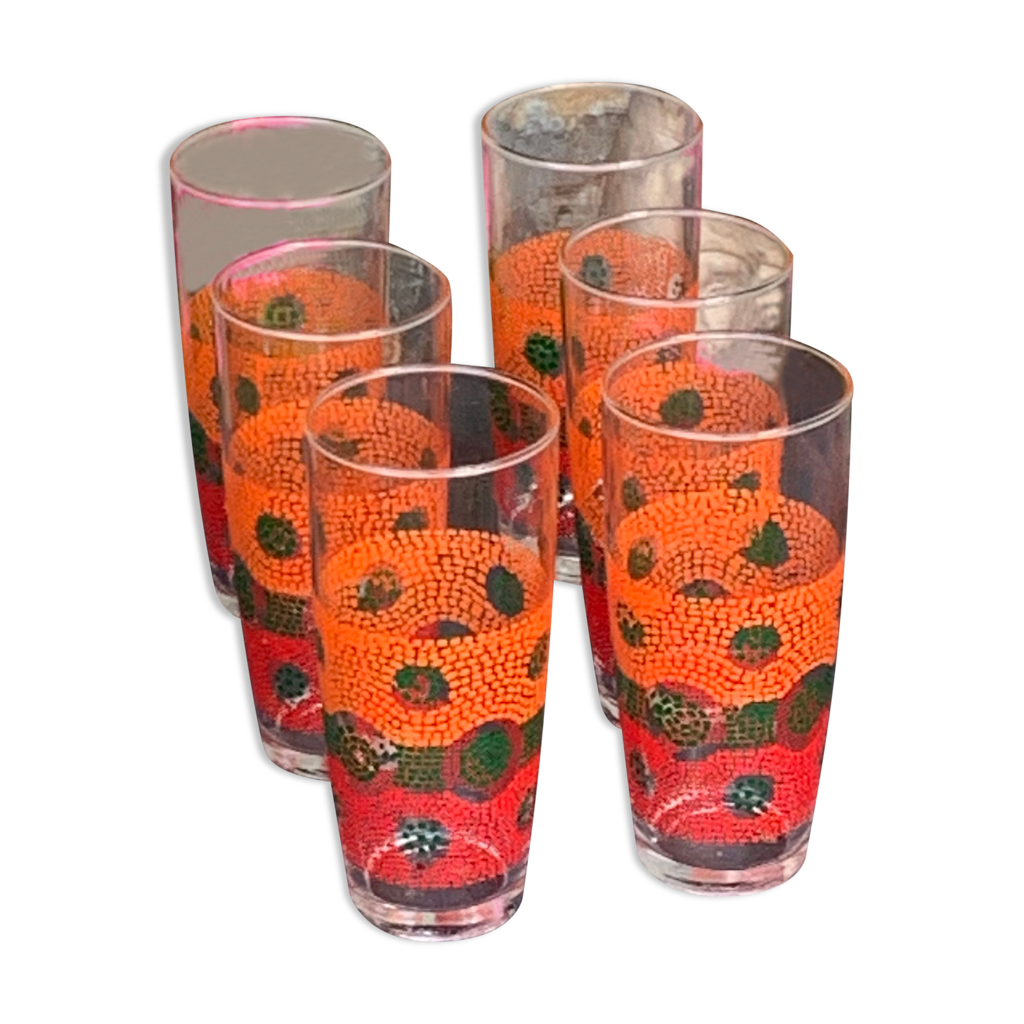 6 glasses to orangeade mosaic orange and green vintage 1970