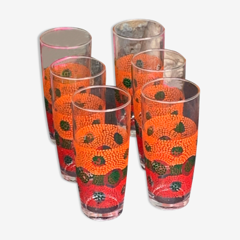 6 verres à orangeade mosaïque orange et verte vintage 1970