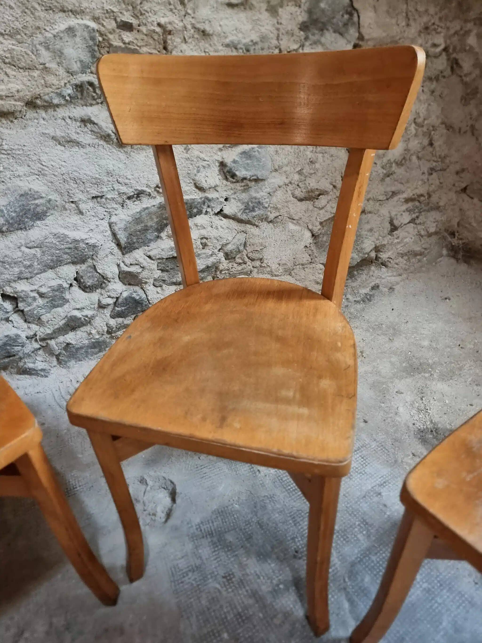 Set of 4 French bistro chairs, beech and plywood, 1960s, mid-century dining chairs.