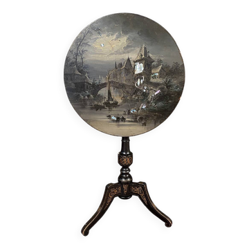Guéridon basculant Napoléon III à décor d’un paysage au clair de lune